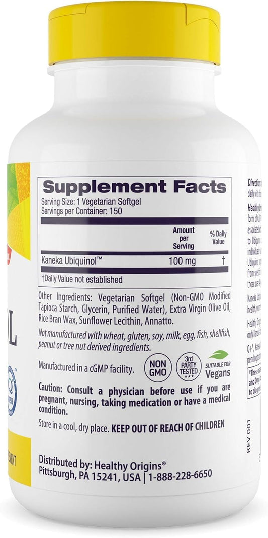 Healthy Origins Vegan Ubiquinol label highlights gluten-free and non-GMO.