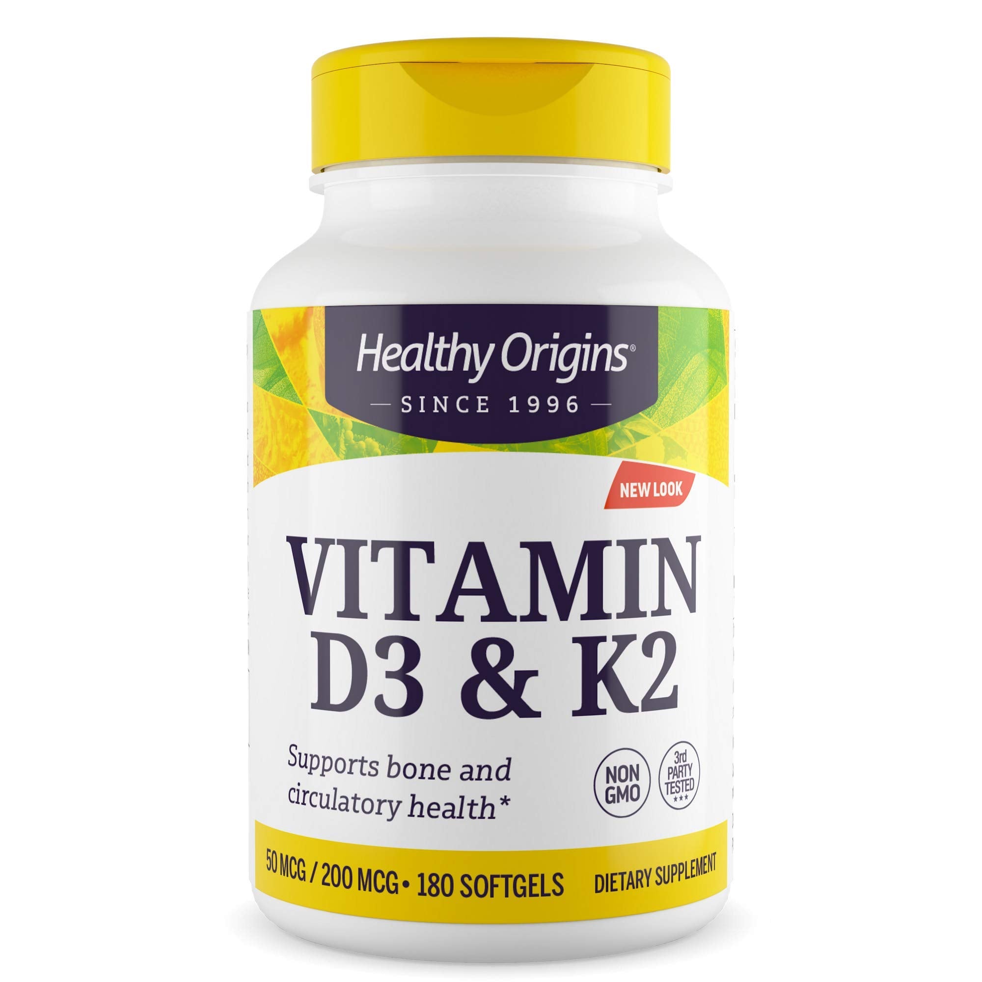 Healthy Origins Vitamin D3 K2 softgel bottle supports bone and heart wellness.