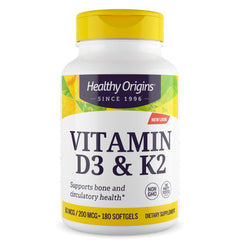 Healthy Origins Vitamin D3 K2 softgel bottle supports bone and heart wellness.