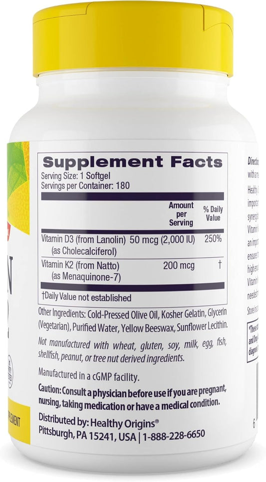 Healthy Origins Vitamin D3 K2 softgel pour highlights easy daily intake.
