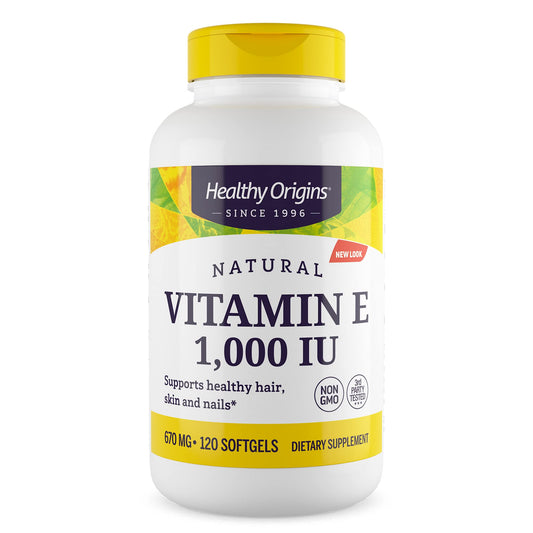 Healthy Origins Vitamin E 1000 IU bottle front for daily-use antioxidant support