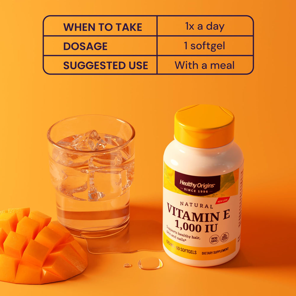 Healthy Origins Vitamin E 1000 IU bottle with cap and label detail