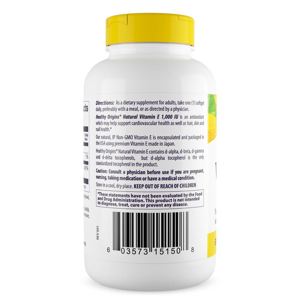Healthy Origins Vitamin E 1000 IU label closeup showing natural mixed tocopherols