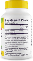 Healthy Origins Vitamin K2 bottle back view reveals dosage details and clear formula