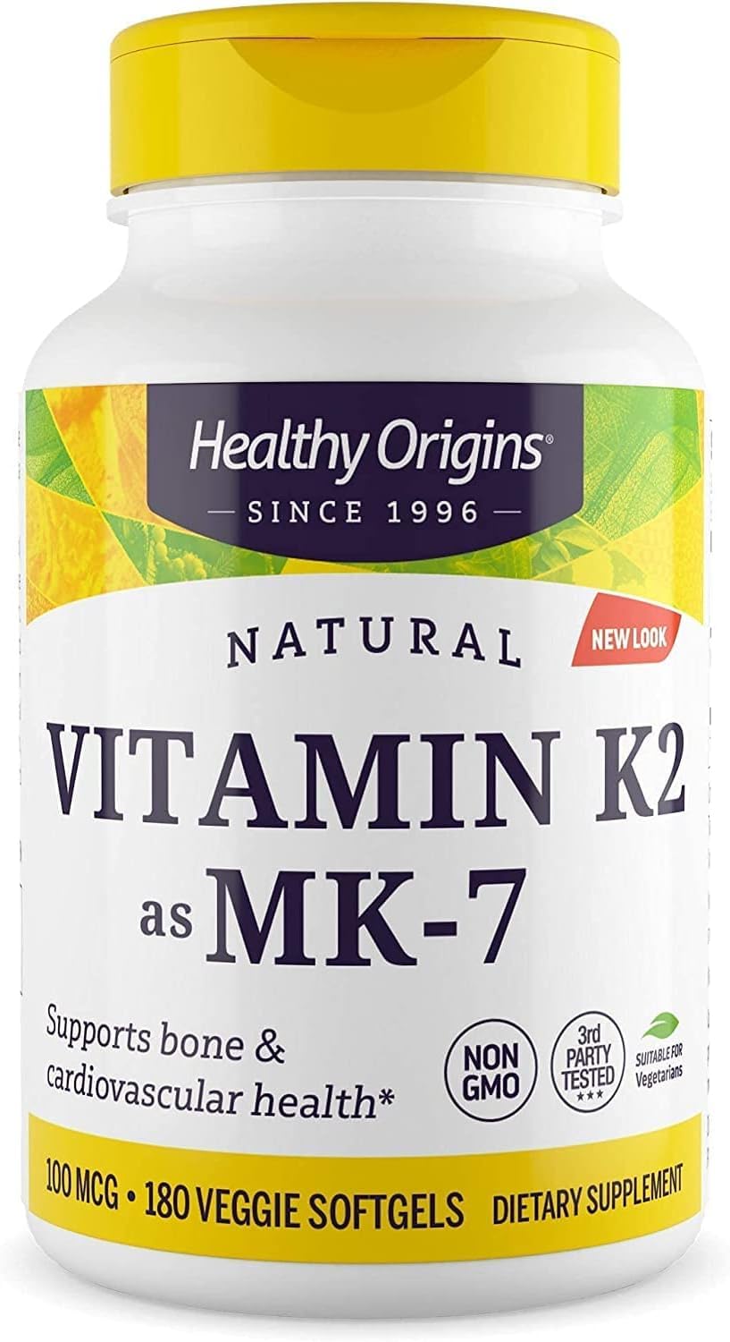 Healthy Origins Vitamin K2 bottle front emphasizes clean packaging and bone support potential