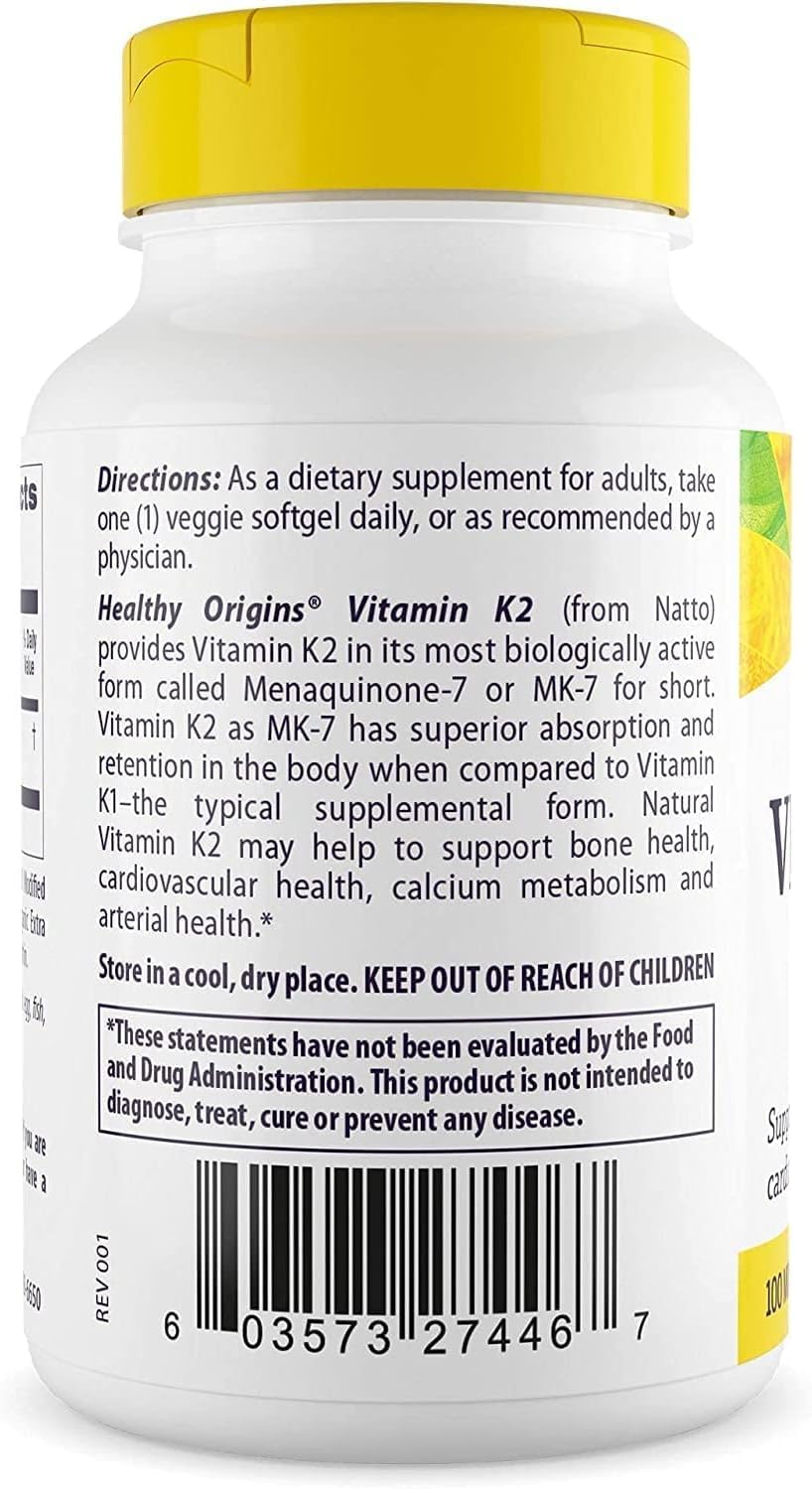 Healthy Origins Vitamin K2 capsules closeup shows veggie gels for vegan use