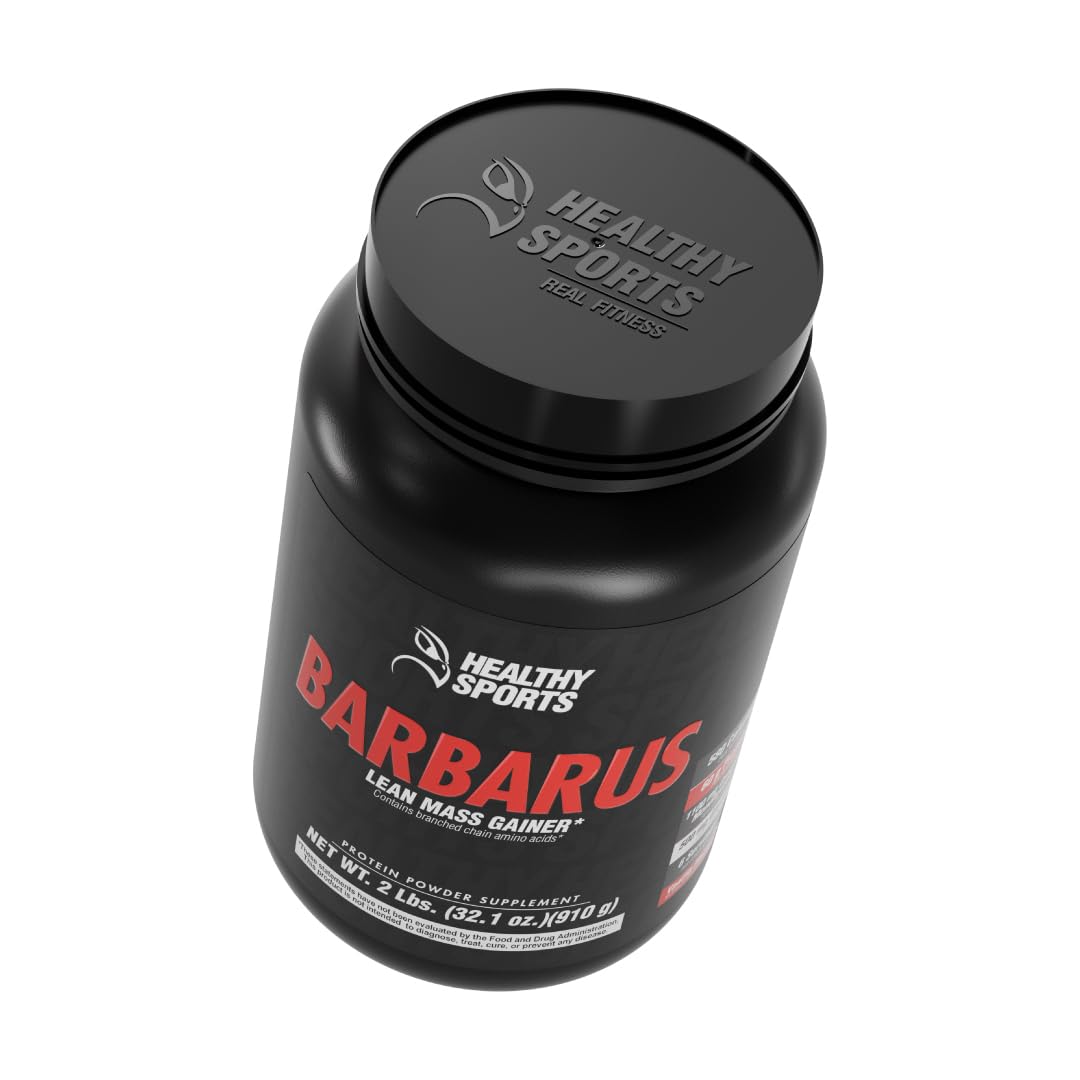 Barbarus protein powder in gym scene with barbell.