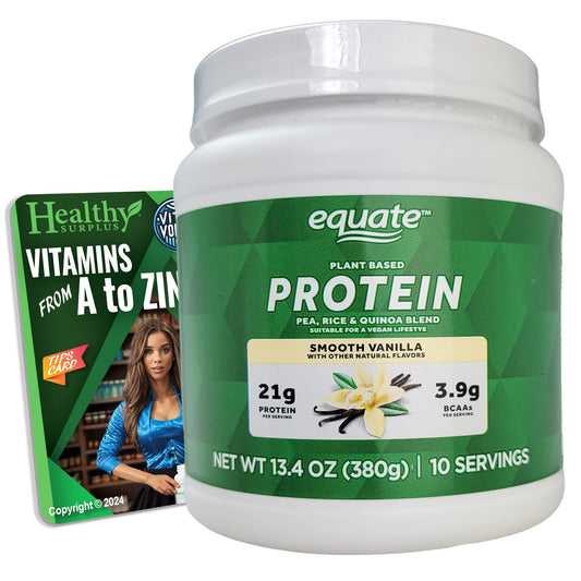 Healthy Surplus Equate Vanilla Pea Protein tub front view, plant-based vanilla protein ideal for smoothies