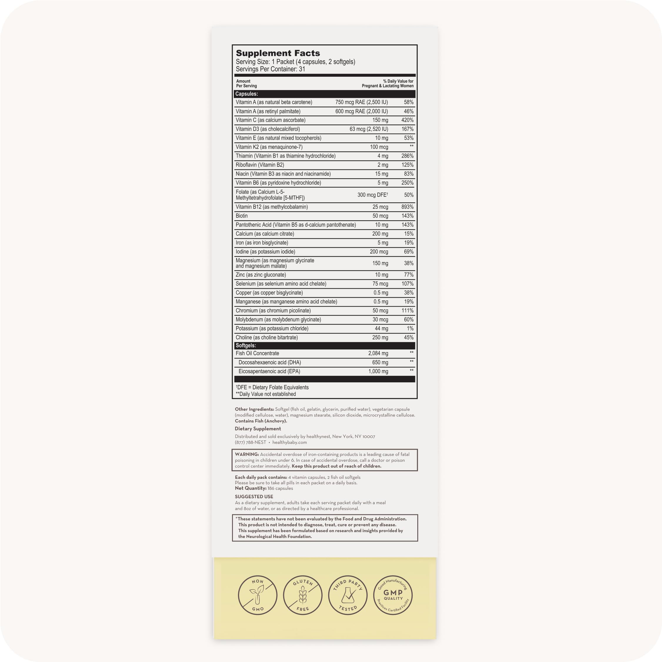 HealthyNest prenatal packaging illustrating trimester-specific nutrition for mom and baby.