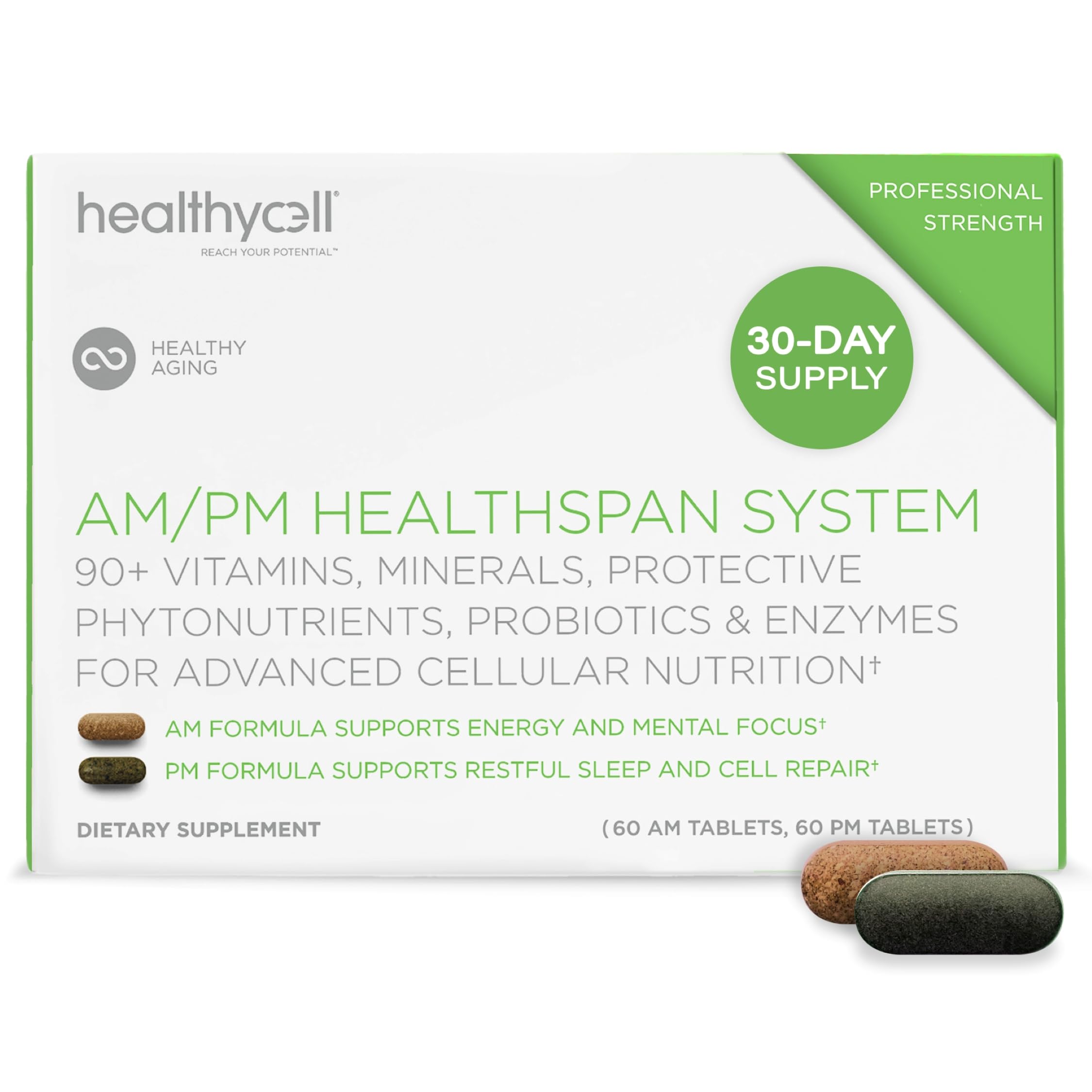 HealthyCell AM/PM bottle close-up for balanced daily nutrition.