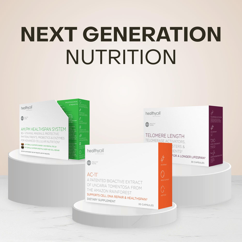 HealthyCell AM/PM label detail with ingredient highlights.