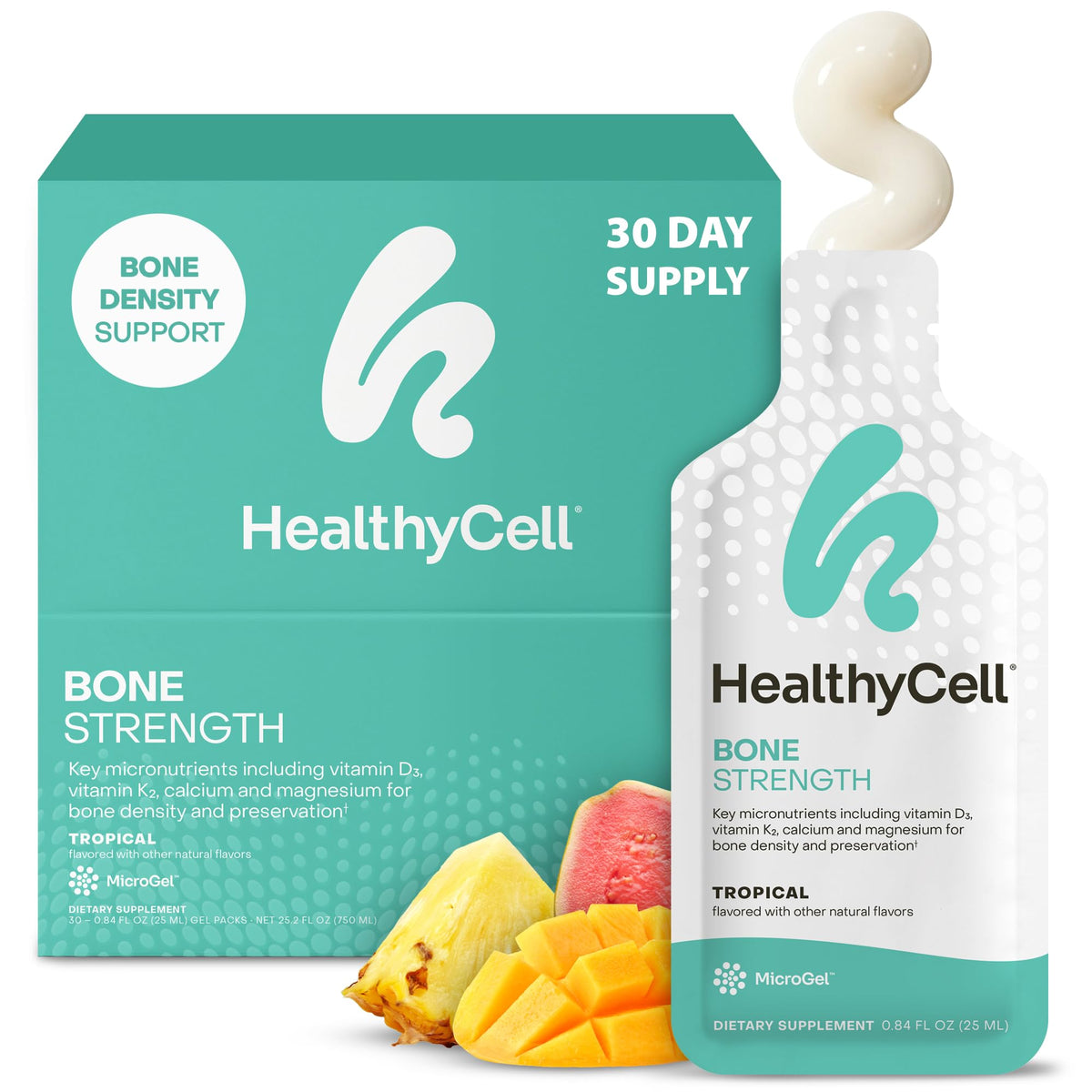HealthyCell Bone Strength MicroGel packs provide easy daily bone support with tropical flavor.