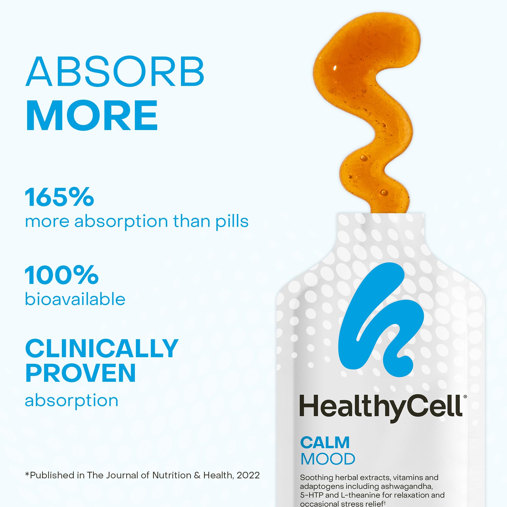 HealthyCell Calm bottle with glass highlights daily convenience.