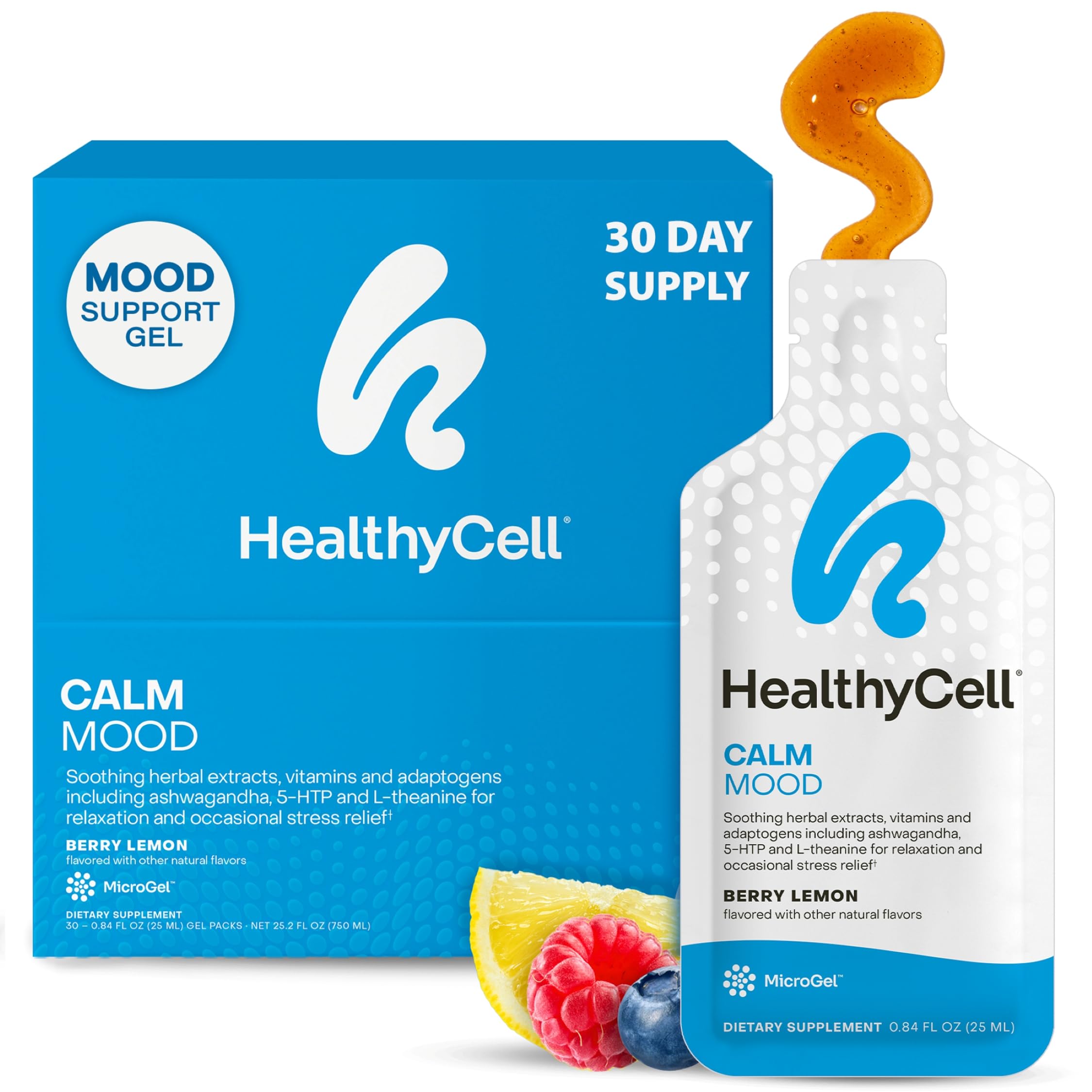 HealthyCell Calm MicroGel pack close-up for on-the-go mood support.