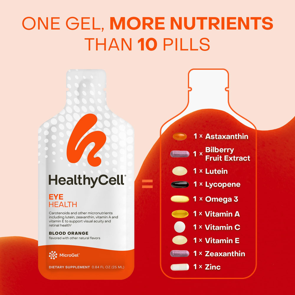 HealthyCell Eye Health Daily Travel Pack demonstrating portable eye nutrition on the go.