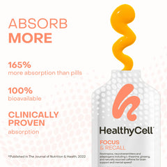 HealthyCell Focus & Recall packaging emphasizes pill-free convenience for daily routines.