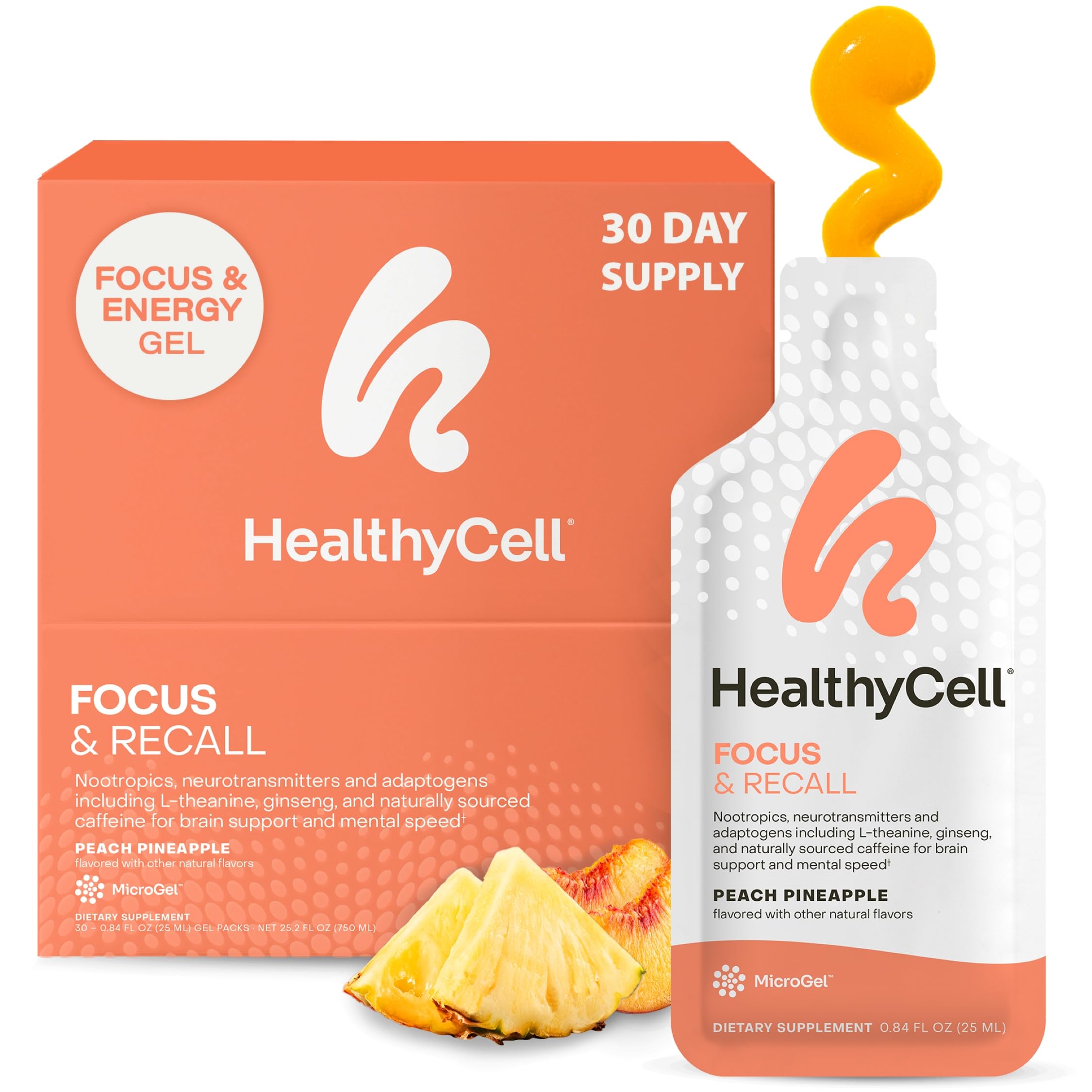 HealthyCell Focus & Recall microgel pack close-up, highlighting ultra-absorbable gel.