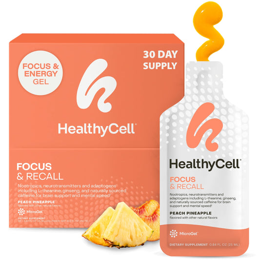 HealthyCell Focus & Recall microgel pack close-up, highlighting ultra-absorbable gel.