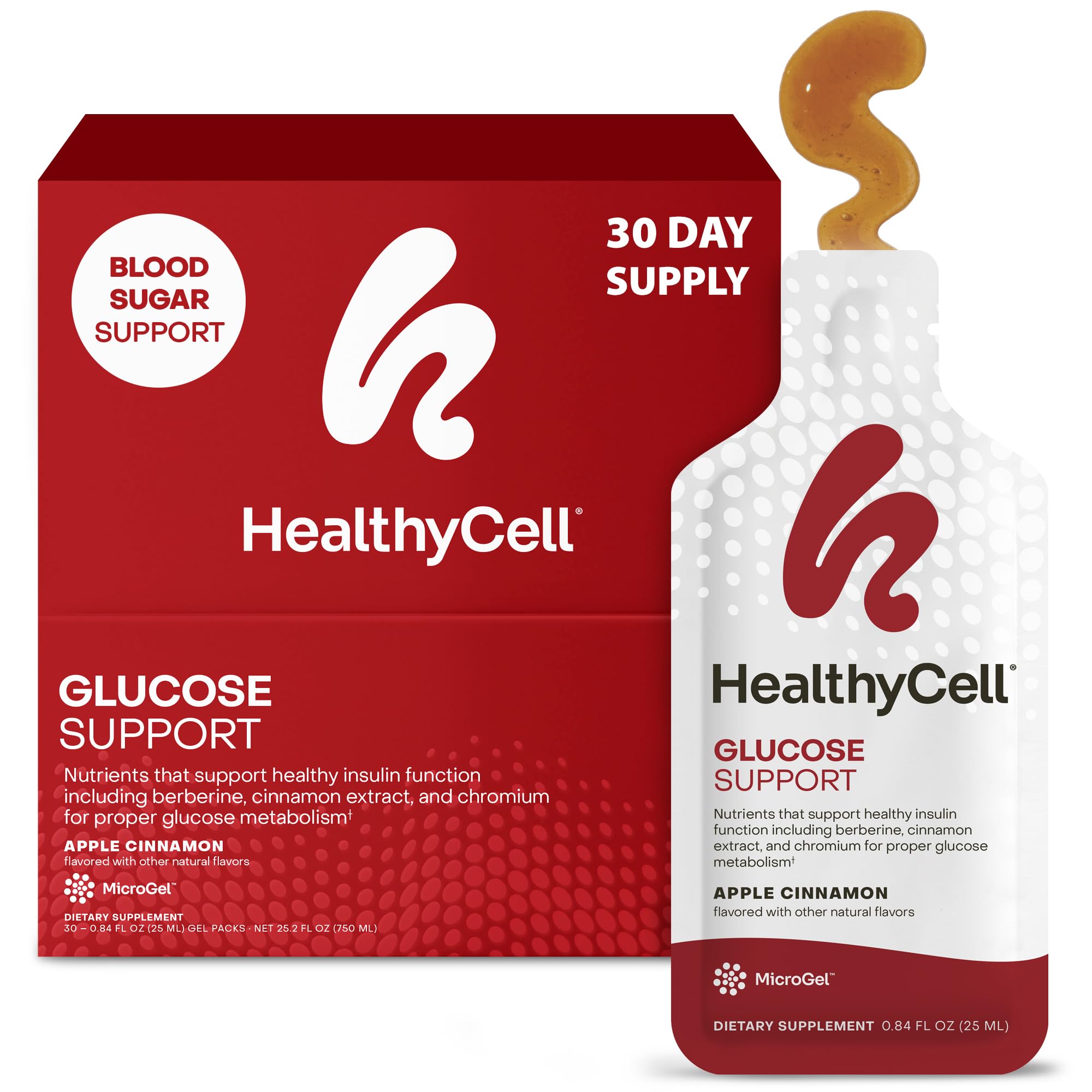 HealthyCell Glucose Support bottle front, convenient daily glucose balance.
