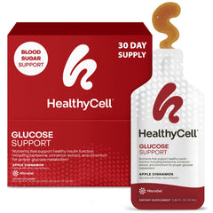 HealthyCell Glucose Support bottle front, convenient daily glucose balance.