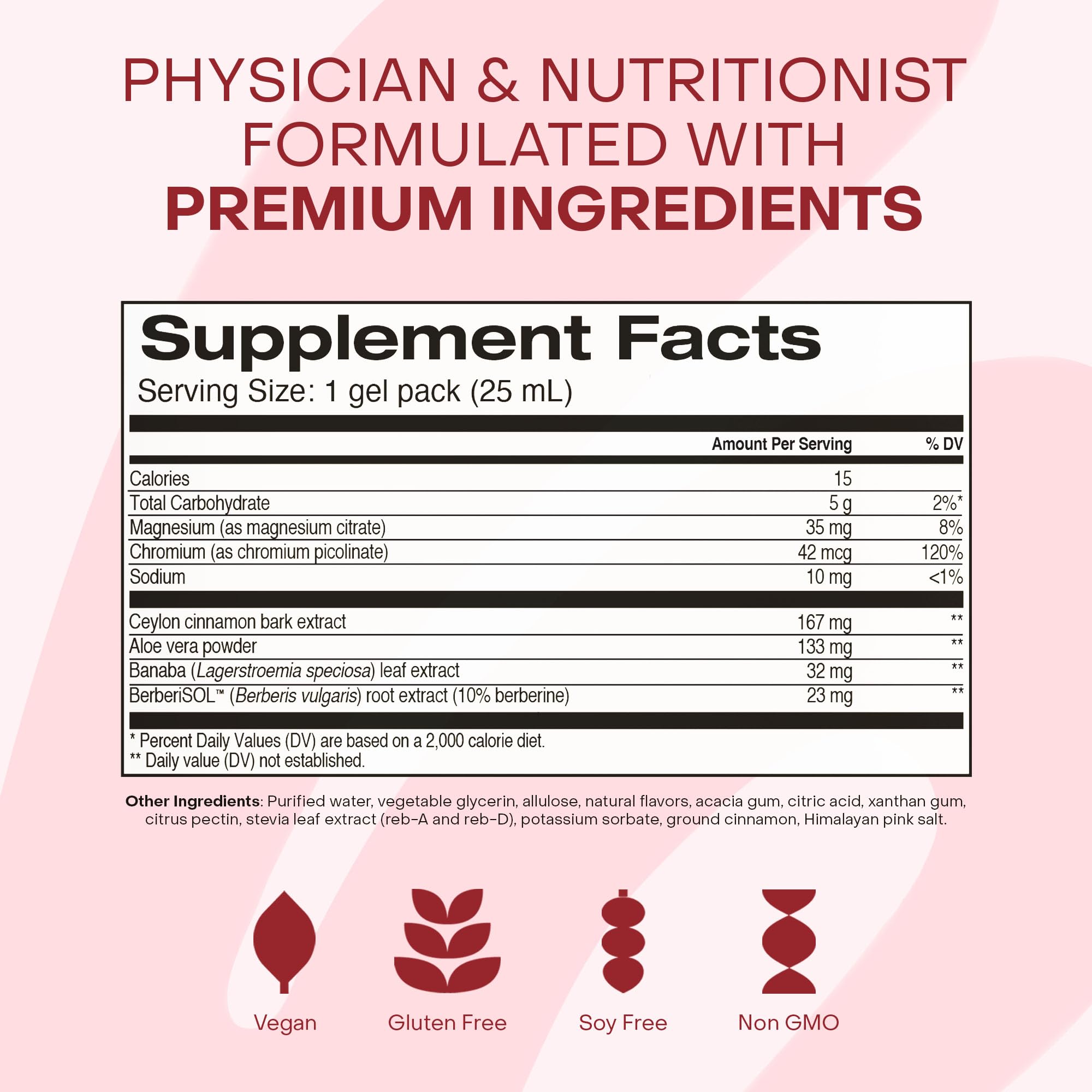 HealthyCell Glucose Support ingredients chart, clear daily nutrient lineup.