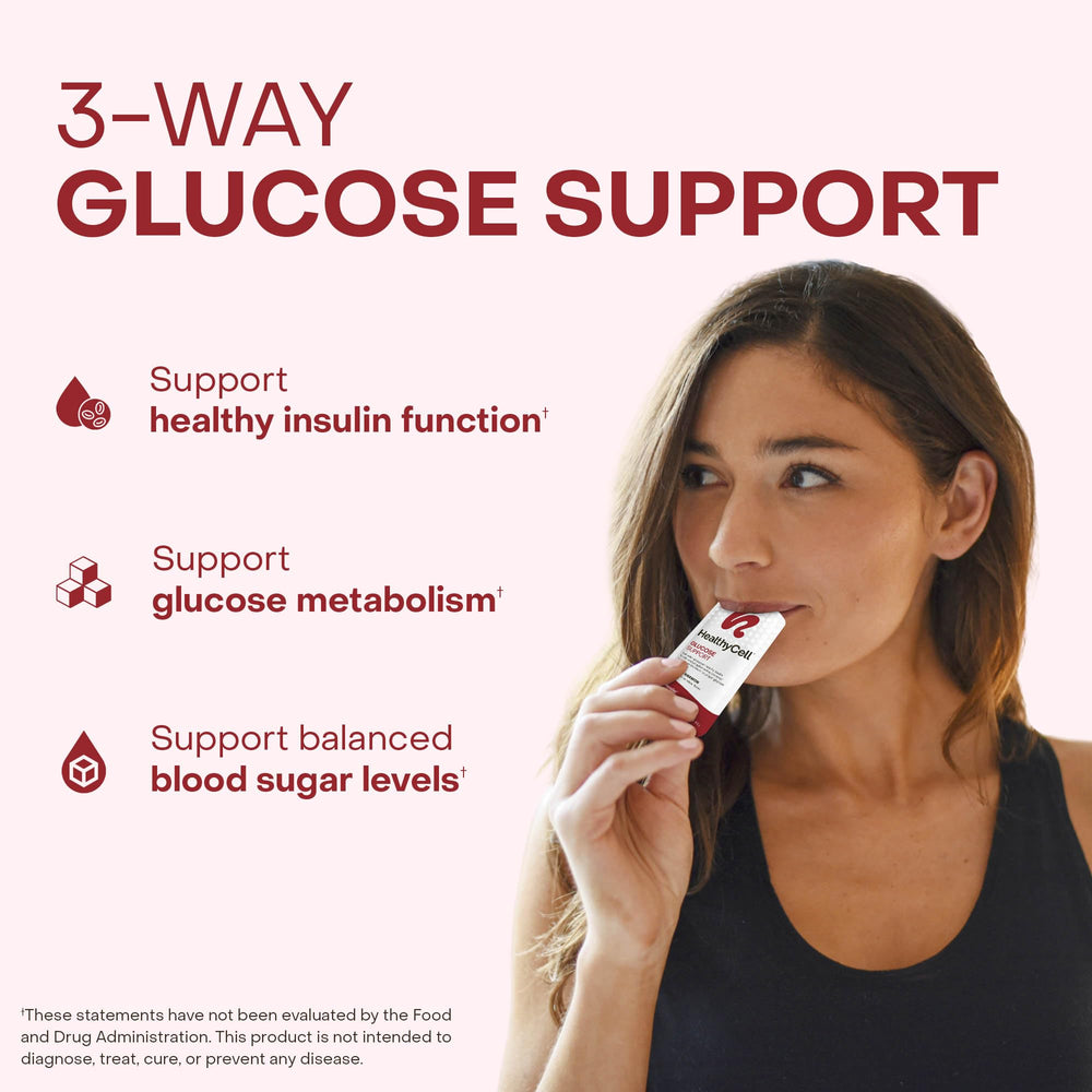 HealthyCell Glucose Support microgel packs closeup, ultra-absorbable nutrients.