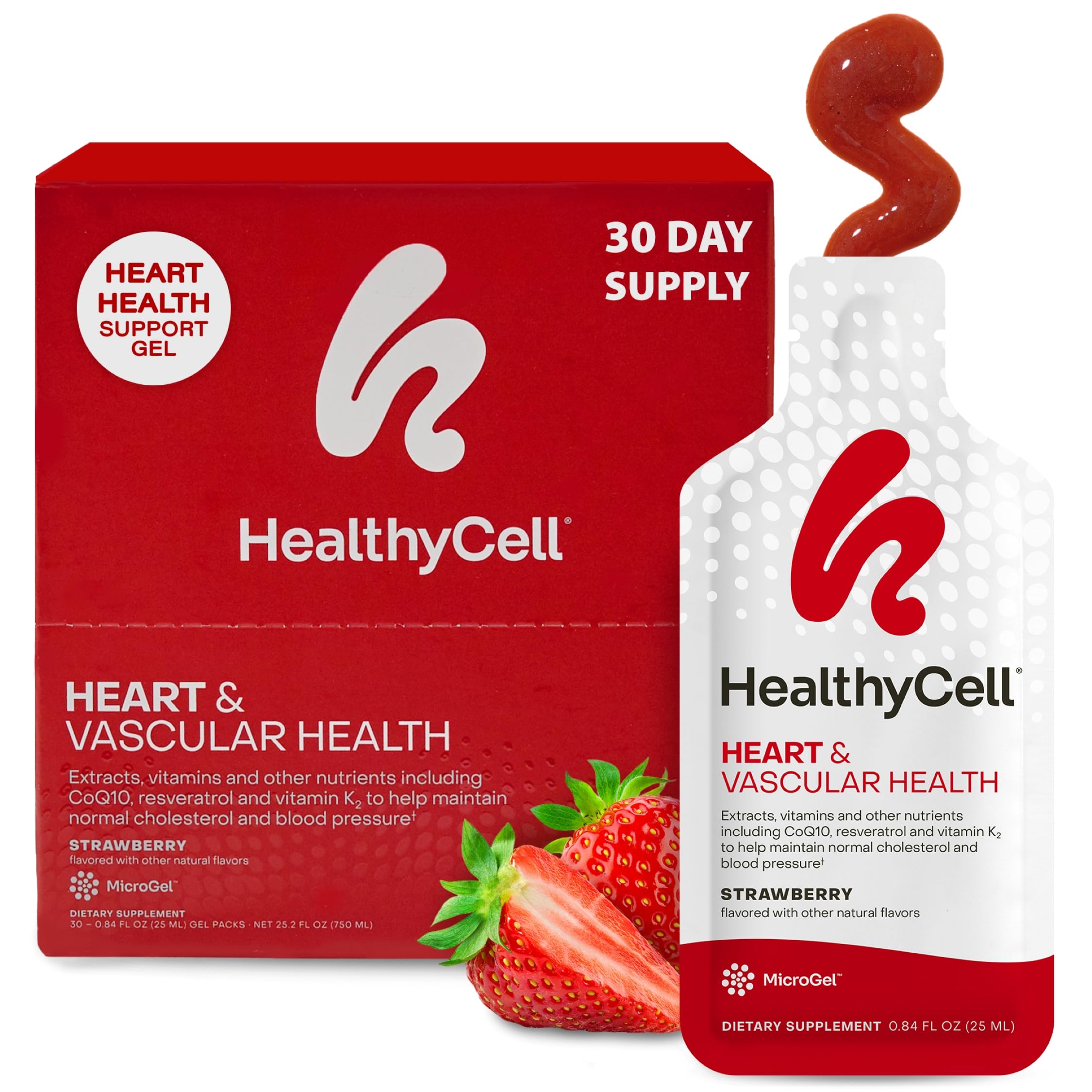 HealthyCell Heart & Vascular Health gel pack box showing convenient daily packs for easy routine.