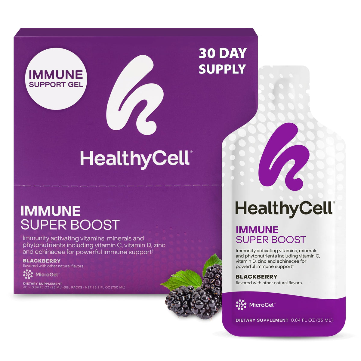HealthyCell Immune Super Boost gel pack box ready for daily immune support.