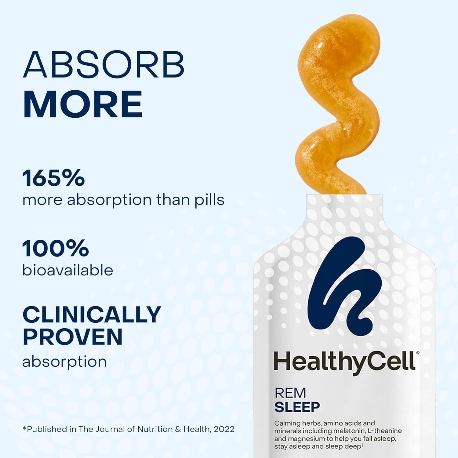 Healthycell REM Sleep lemon balm and GABA ingredients highlighted for relaxation.