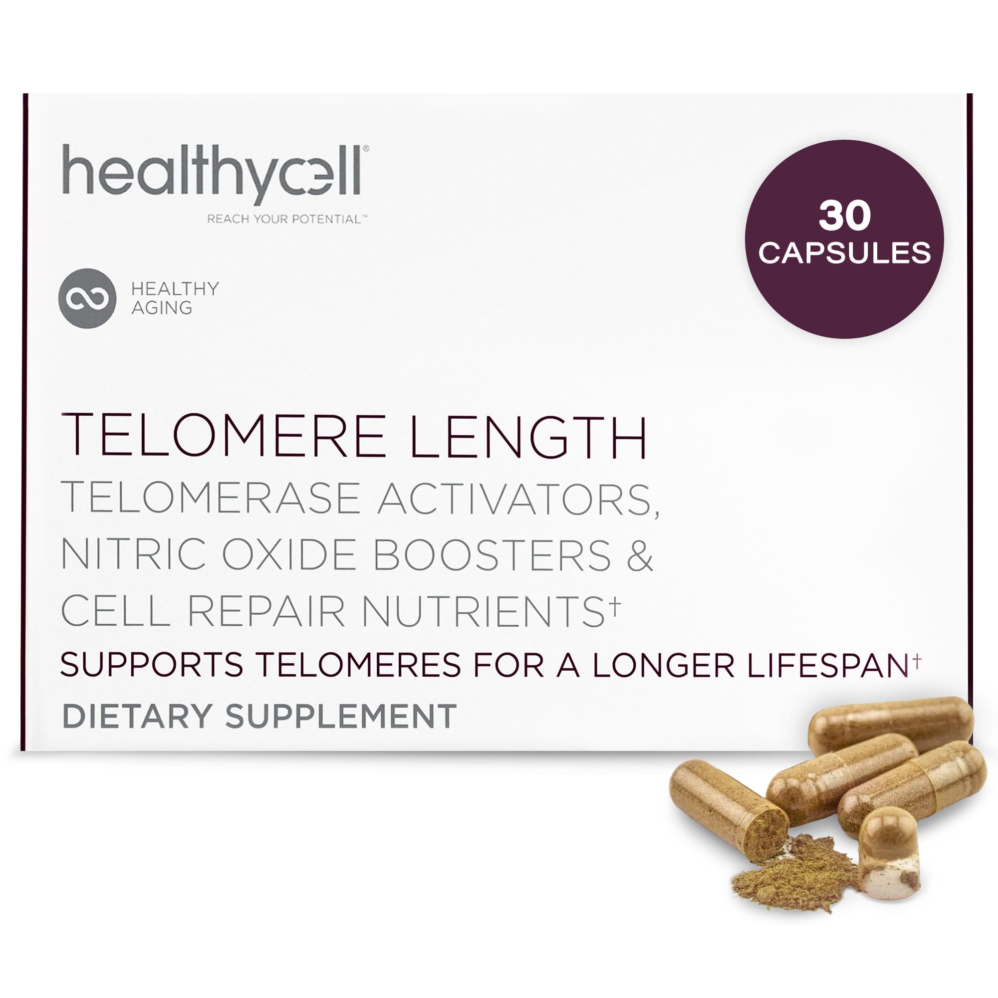 Healthycell Telomere Length Supplement bottle with capsules for cellular health