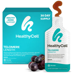 HealthyCell telomere microgel grape pack promotes daily cellular support and convenient flavor.