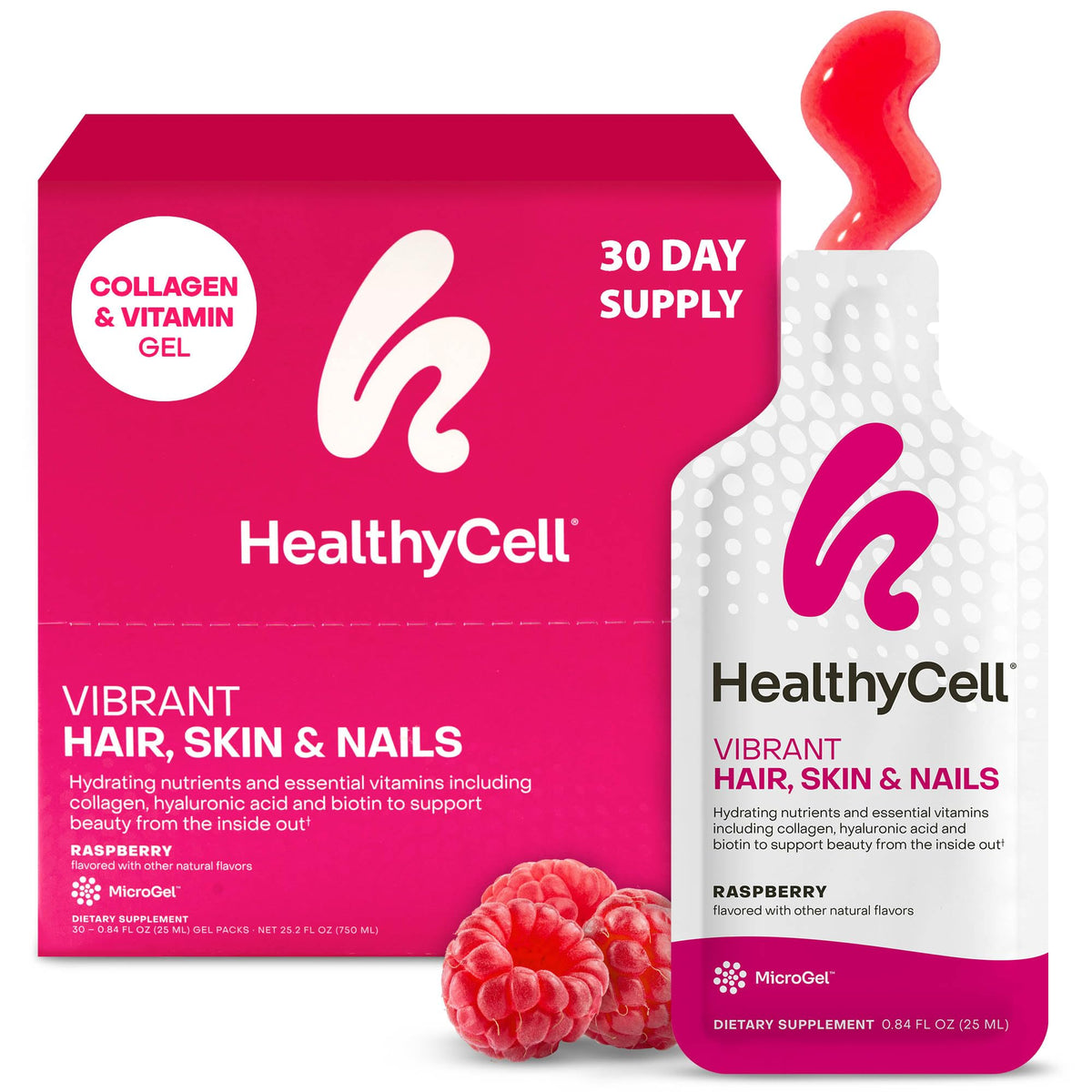 HealthyCell Vibrant gel pack with raspberry flavor for daily beauty support.