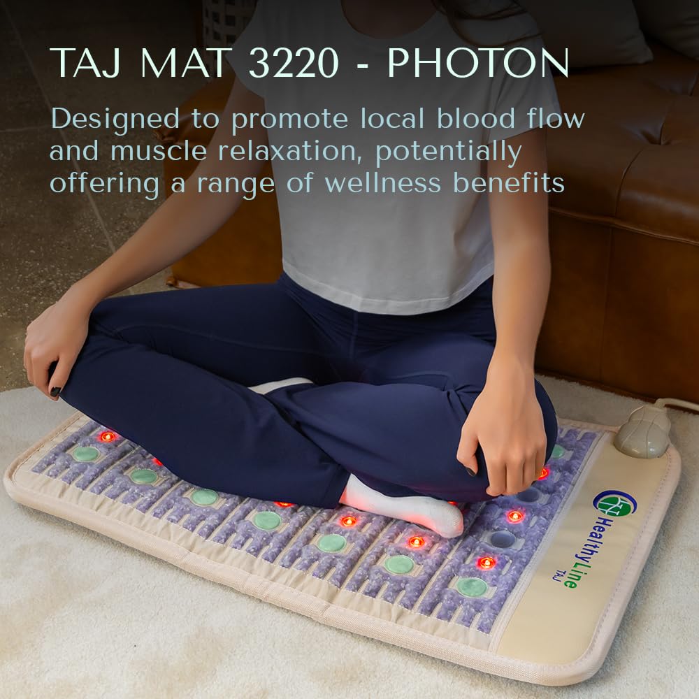 HealthyLine TAJ crystal gemstones mat showcasing amethyst and jade for natural heat therapy.