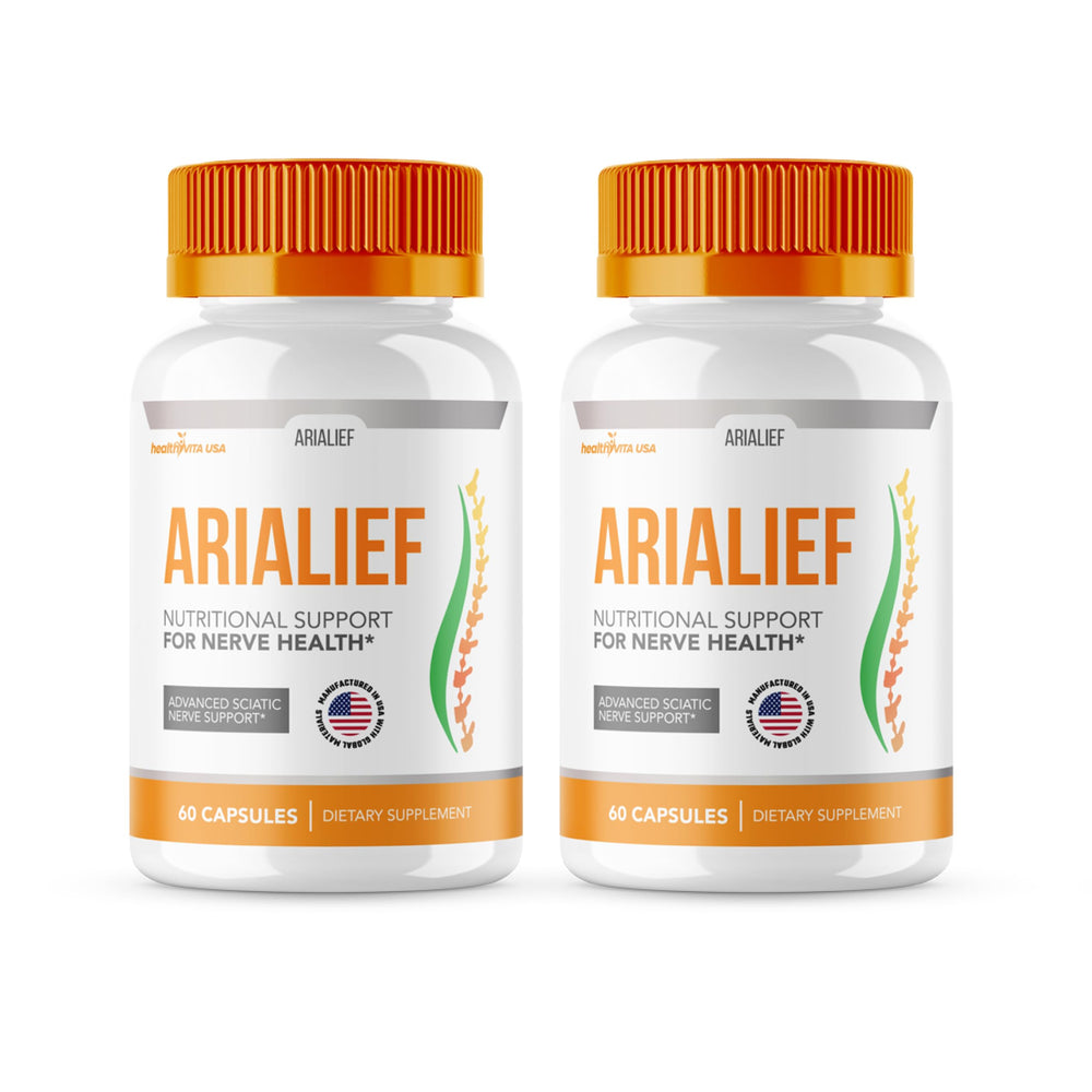 HealthyVita Arialief capsules in a 2-pack bottle for daily energy and overall health support.