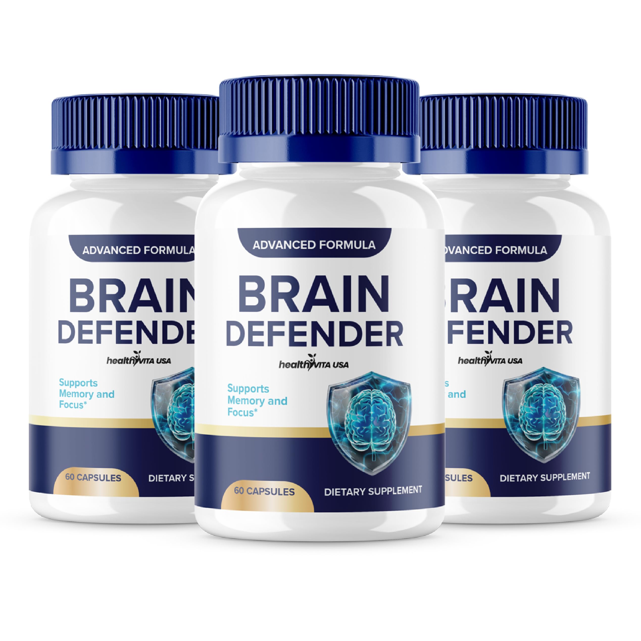 HealthyVita Brain Defender bottle front view for daily cognitive support.