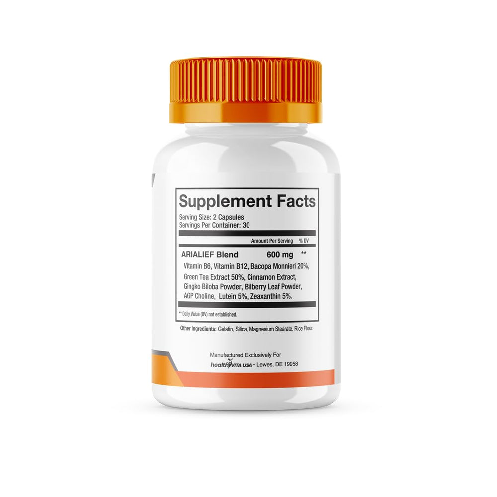 Arialief advanced formula label highlights all natural vitamin blend.