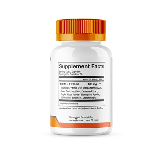 Arialief advanced formula label highlights all natural vitamin blend.