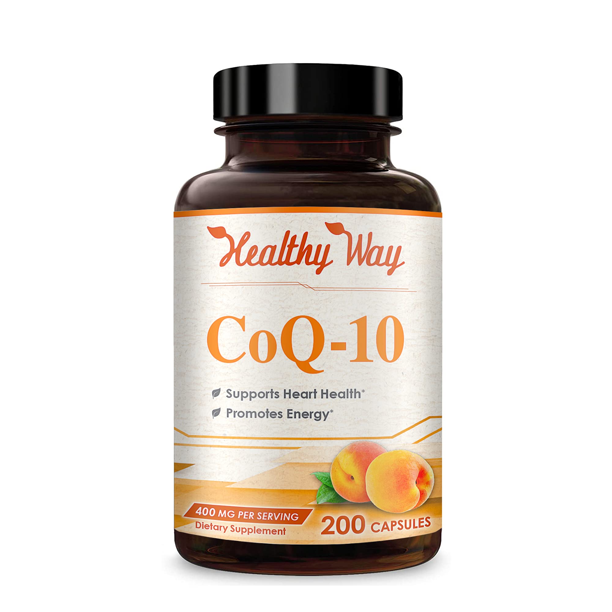 HealthyWayRx CoQ10 200mg bottle promoting daily antioxidant support for the heart.