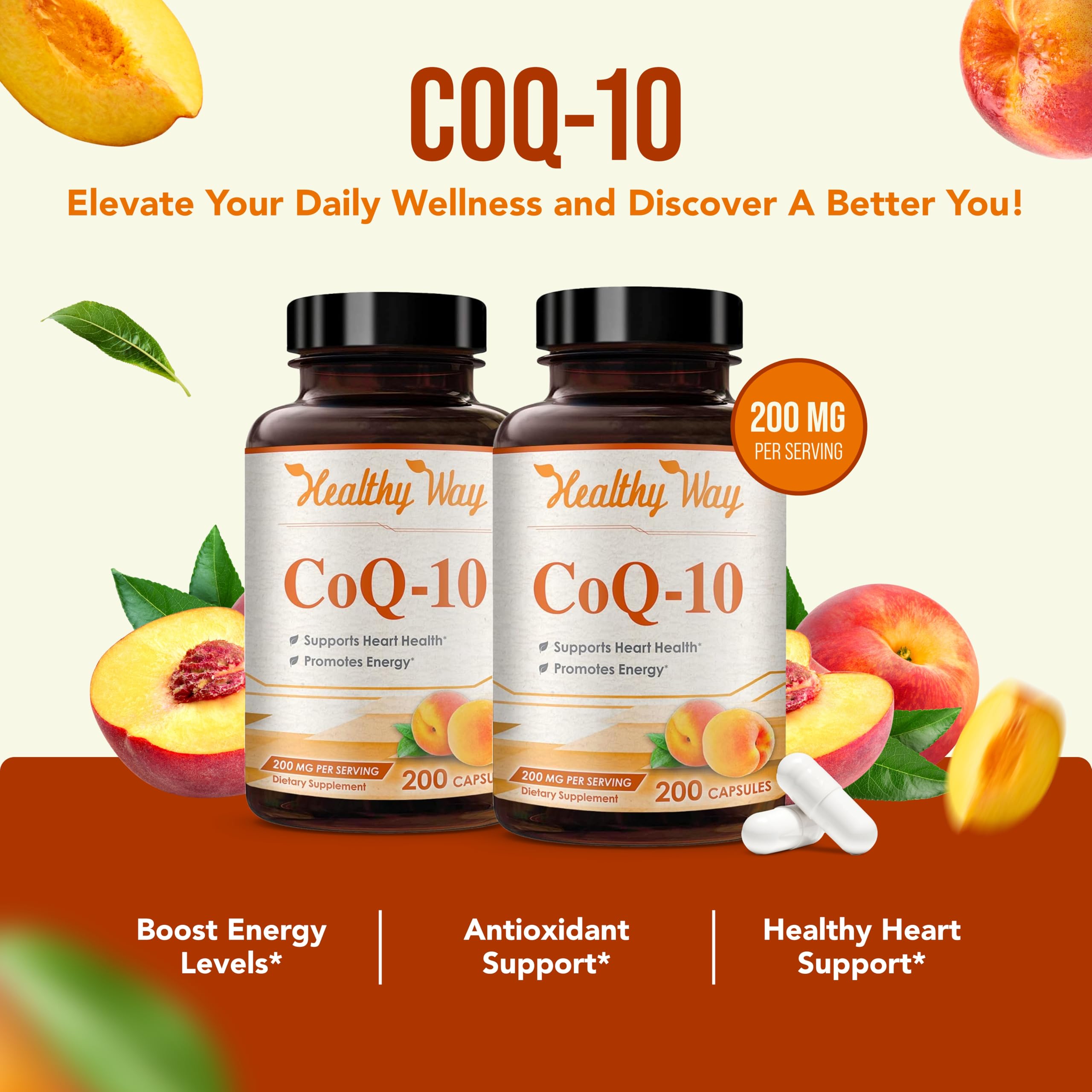 HealthyWayRx CoQ10 bottle front label emphasizes non-GMO formulation.