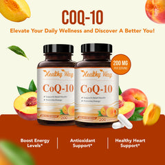 HealthyWayRx CoQ10 bottle front label emphasizes non-GMO formulation.