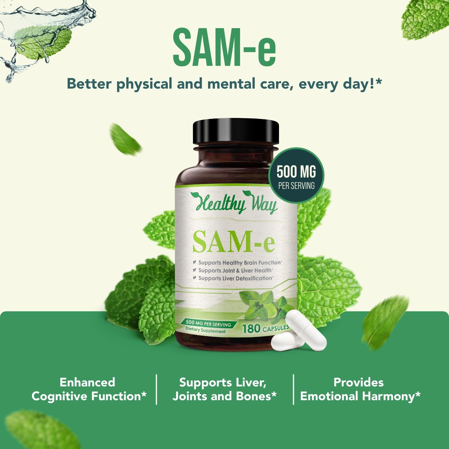 HealthyWayRx SAM-e capsules poured for daily mood routine.
