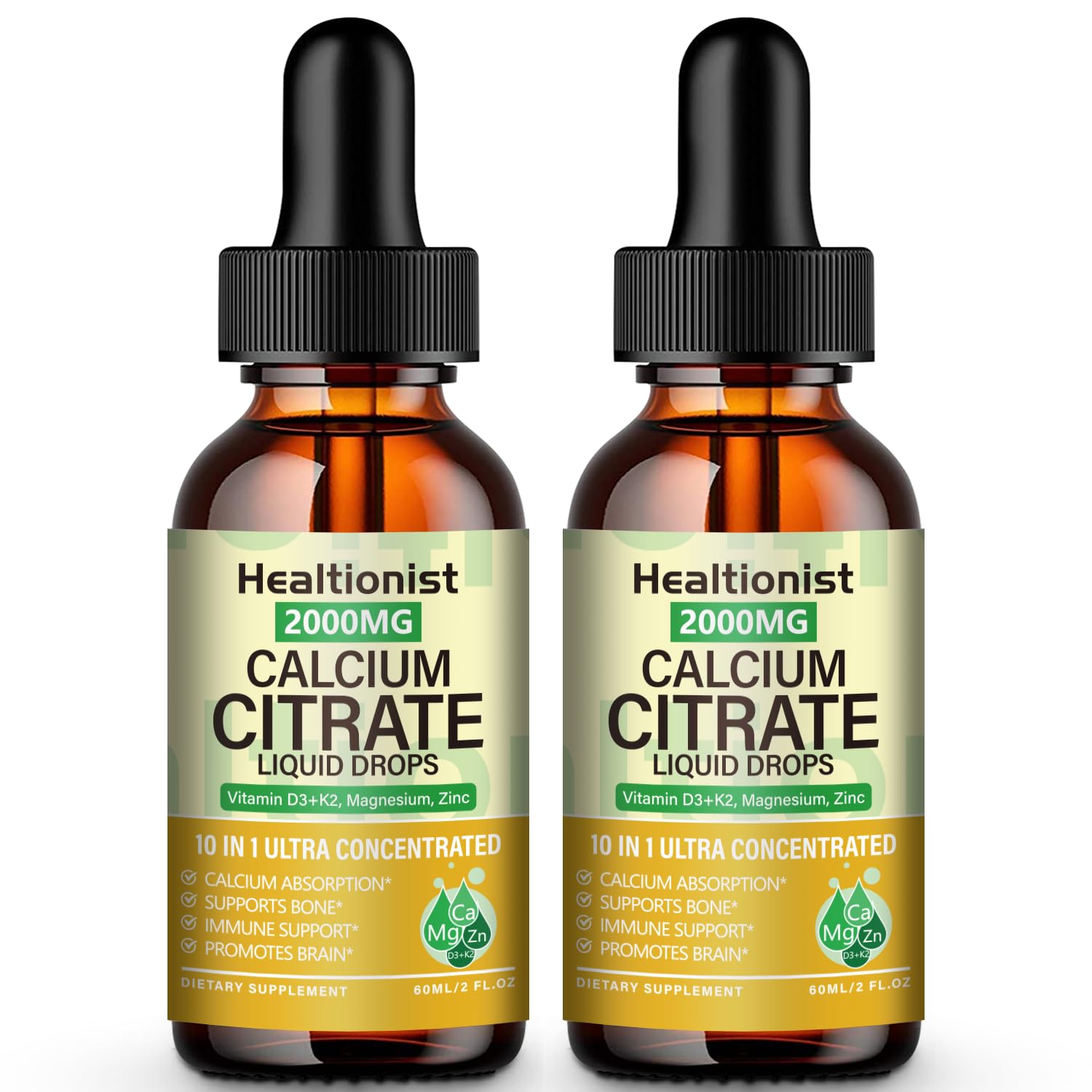 Healtionist 2packs calcium citrate drops bottle shows high absorption formula for daily bone support
