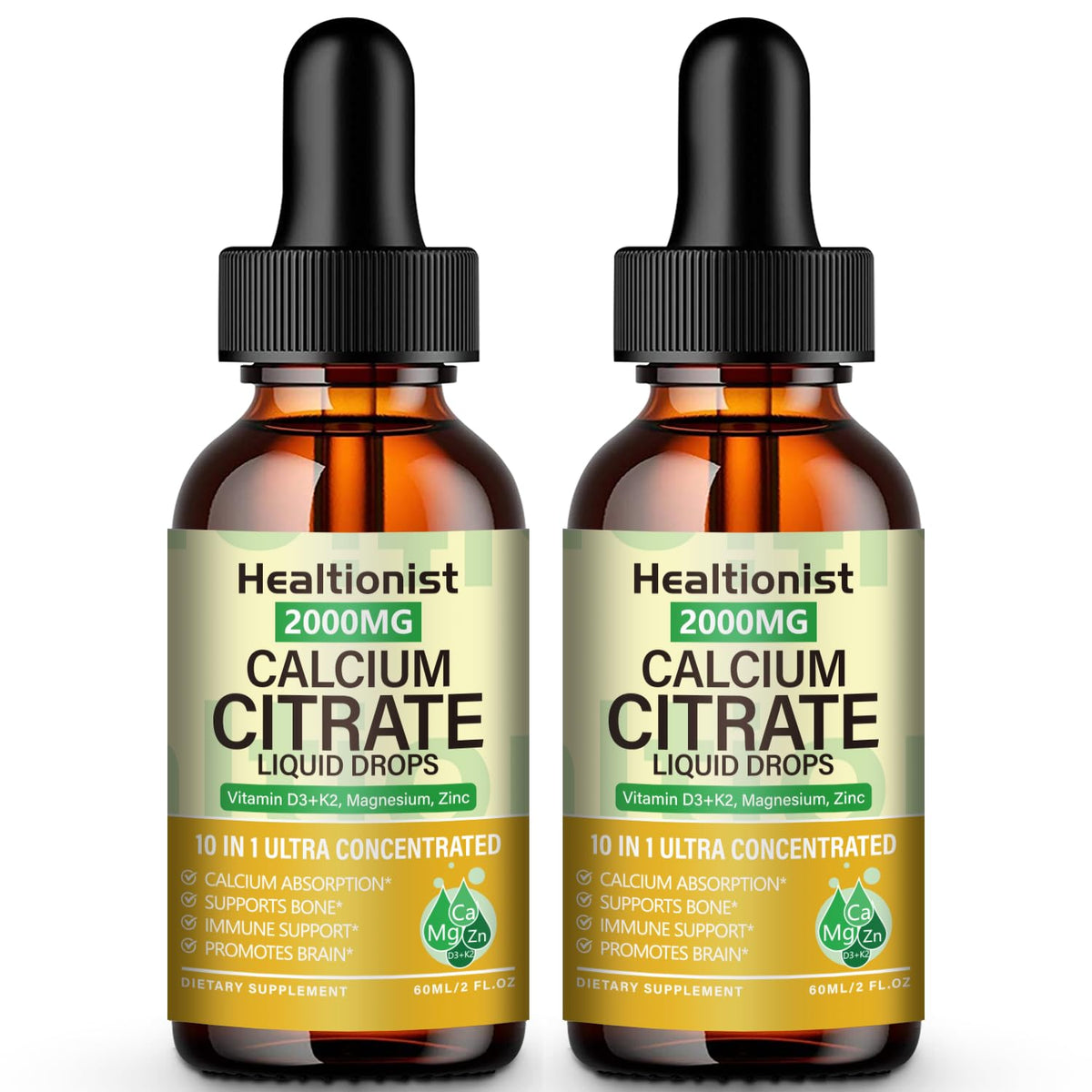 Healtionist 2packs calcium citrate drops bottle shows high absorption formula for daily bone support