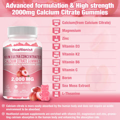 Healtionist bottle with gummies close-up shows chewy texture and convenience.