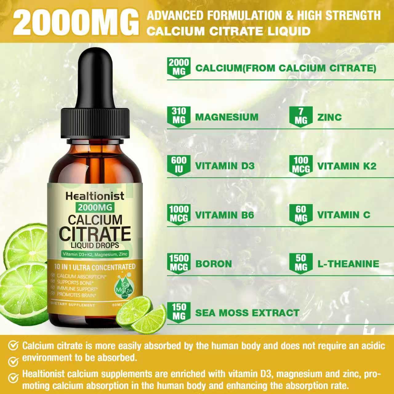 Healtionist calcium citrate drops label highlights vitamin D3 and K2 enrichment