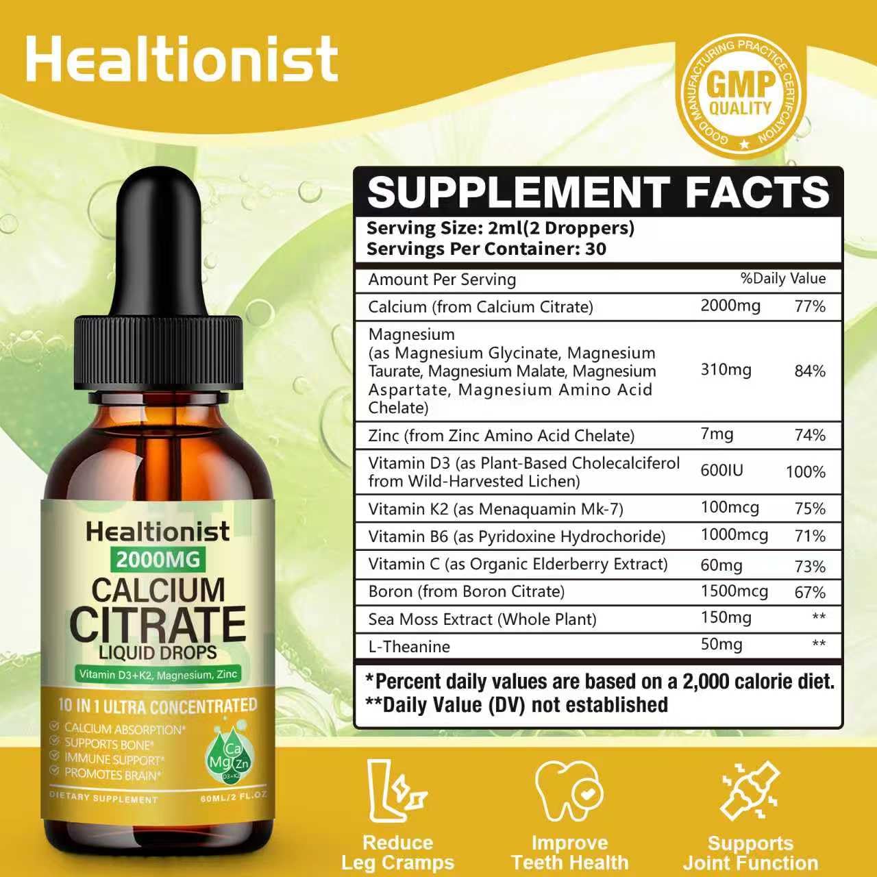 Healtionist calcium citrate drops pour demonstrates convenient dosing and easy pairing with meals