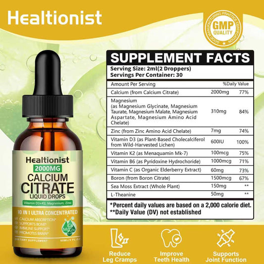 Healtionist calcium citrate drops pour demonstrates convenient dosing and easy pairing with meals