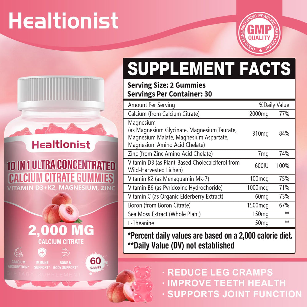 Healtionist calcium citrate gummies peach flavor on desk for easy daily intake.