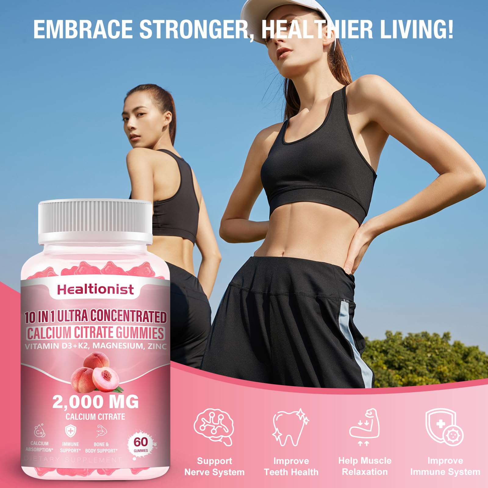 Healtionist calcium citrate with D3 and K2 for better calcium distribution.
