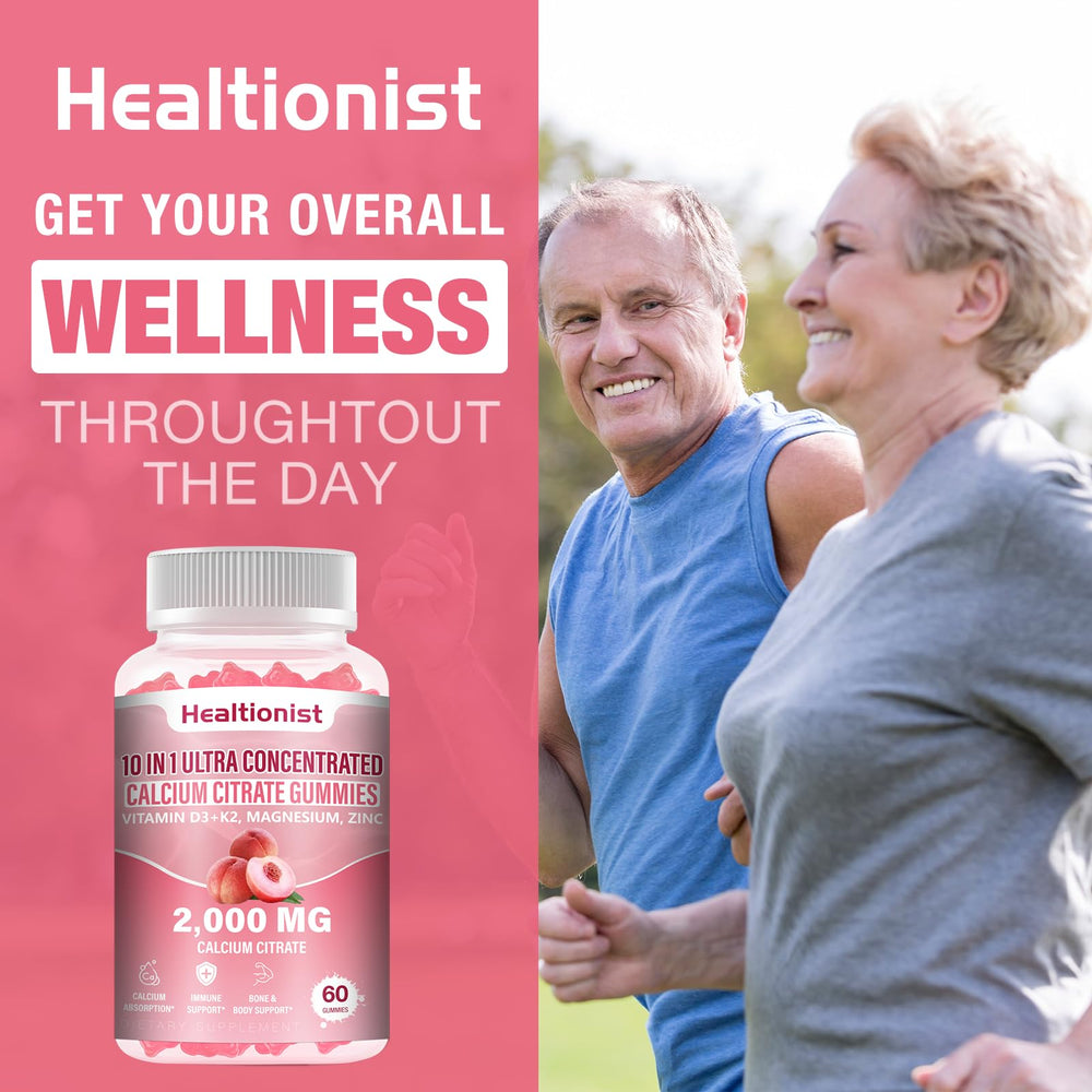 Healtionist daily calcium supplement ritual with flavorful peach gummies.